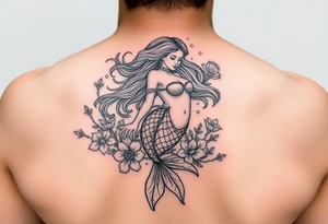 ethereal mermaid with flowing hair among coral and sea flowers tattoo idea