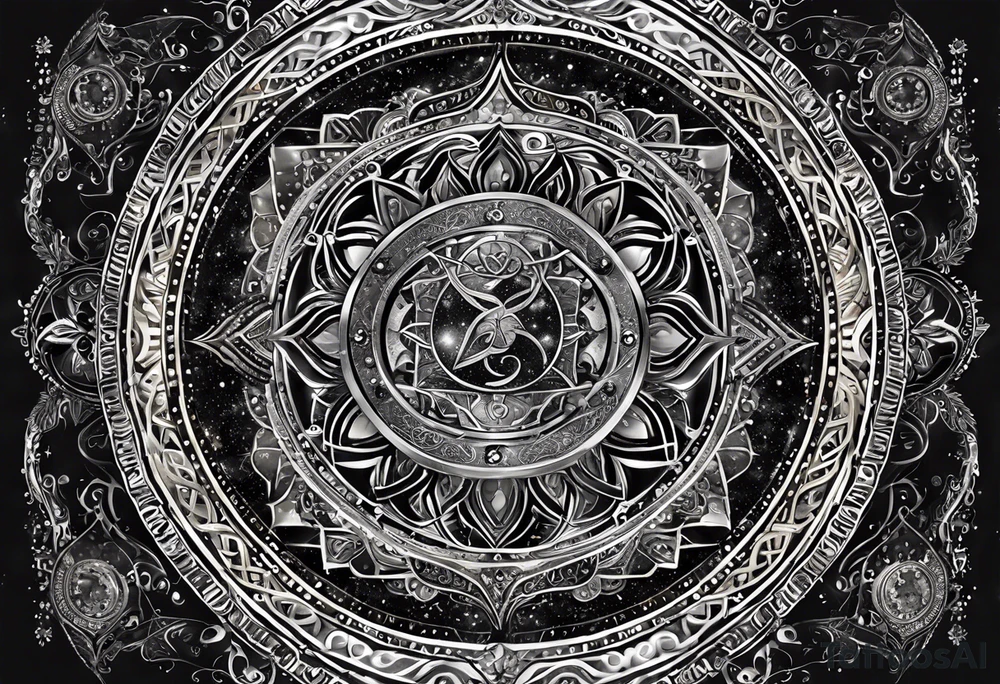 I want the sleeve to be about time space continuum, purpose, desire and ambition linked to it. I want the concept to me about how Miniscule we are in this universe but how we feel big and lose perspective and a sense of purpose. I also want Shiva to be added to the tattoo as shiva is considered the destroyer which scientifically goes back to big bang. SO create a tattoo for me in geometric design for my whole right arm tattoo idea