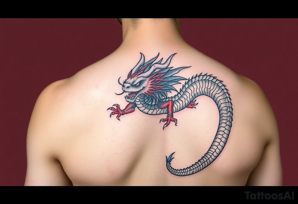 powerful majestic dragon, no background, colour red and blue tattoo idea