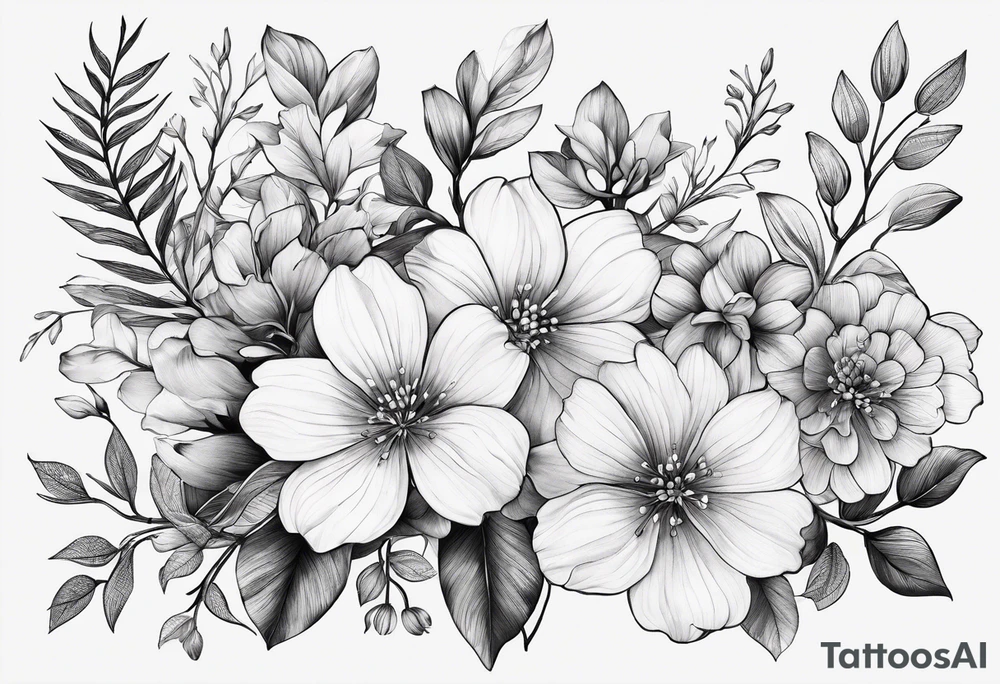 “Generate a subtle botanical tattoo with soft, flowing lines, showcasing tiny flowers and leaves arranged in a delicate pattern tattoo idea