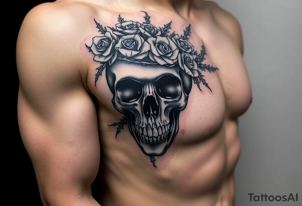 ornate skull adorned with crown of wild roses and thorns tattoo idea