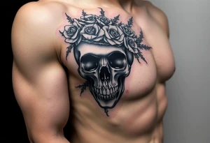 ornate skull adorned with crown of wild roses and thorns tattoo idea