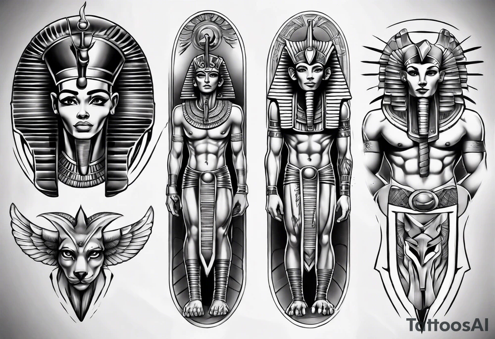 Egyptian gods theme full sleeve realistic tattoo idea