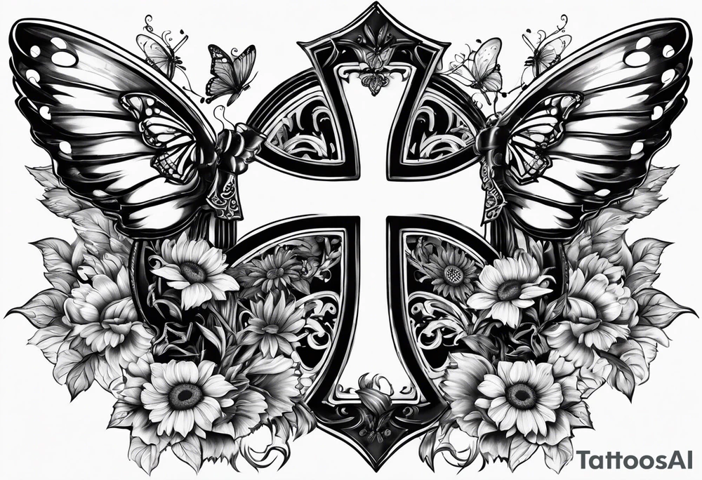 Winged cross with sunflower and butterflies tattoo idea