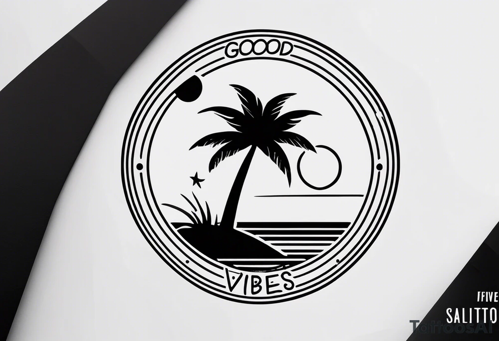 a minimalist tattoo of a sun and a palm tree with the words good vibes below it, make it only small and can fit in a circle. keep the sun and palm tree minimal as well and make it look like silhouettes use only lines tattoo idea