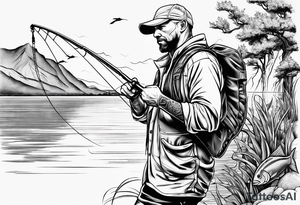 fisherman standing full body simple outline tattoo idea