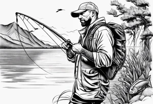 fisherman standing full body simple outline tattoo idea