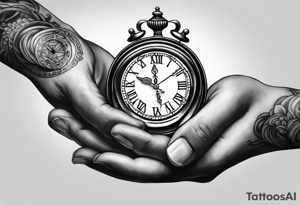 Left hand holding a clock that says God’s Timing tattoo idea