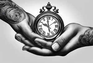 Left hand holding a clock that says God’s Timing tattoo idea