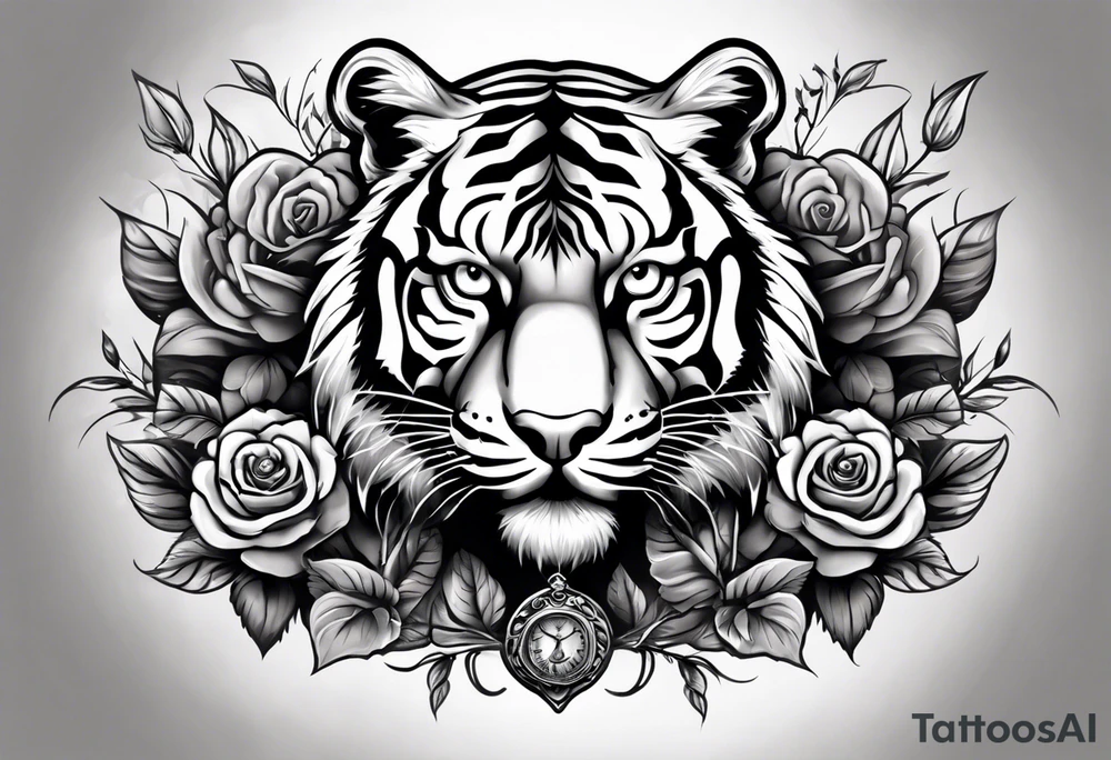 A full sleeve tiger with a crown and third eye with a hour glass instead the hour glass brain cover in in clouds and a heart cover in grass and roots with roses and smoke all over the arm tattoo idea