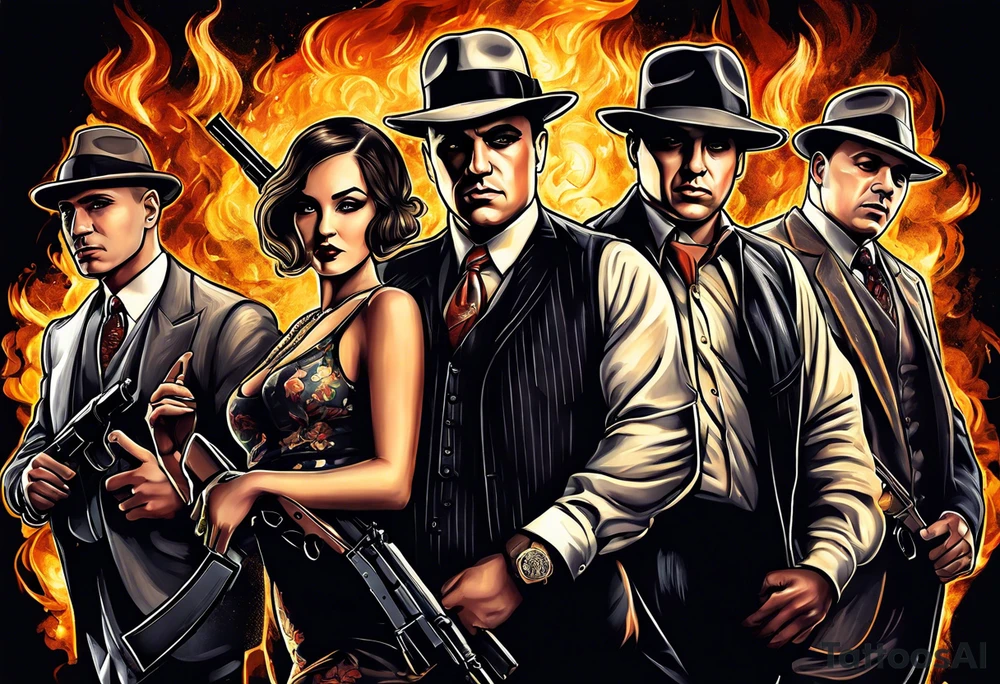 group of gangsters  with bonnie & clyde with Al Capone and machine gunns with smoke and fire and sexy females tattoo idea