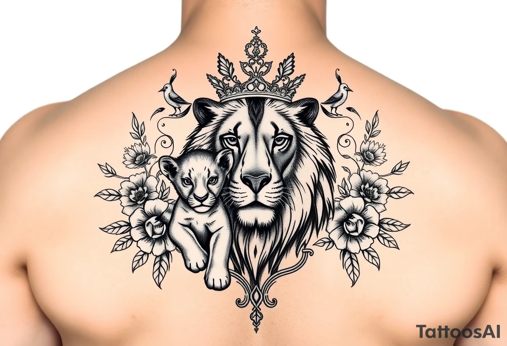 powerful majestic lion and cub with a crown, surrounded by floral ornaments and birds tattoo idea