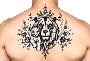 powerful majestic lion and cub with a crown, surrounded by floral ornaments and birds tattoo idea