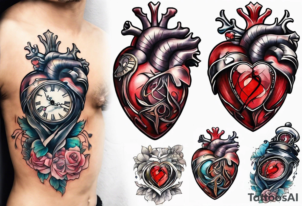 anatomical heart with clock in middle.
Clock hands on 8 and 5.
Never Say Never written on tattoo tattoo idea