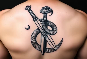 mystical snake coiled around an ancient dagger with jeweled hilt tattoo idea