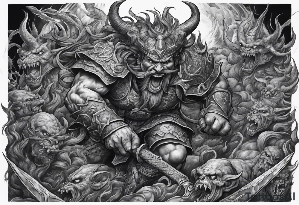 A soldier battling demons in hell tattoo idea