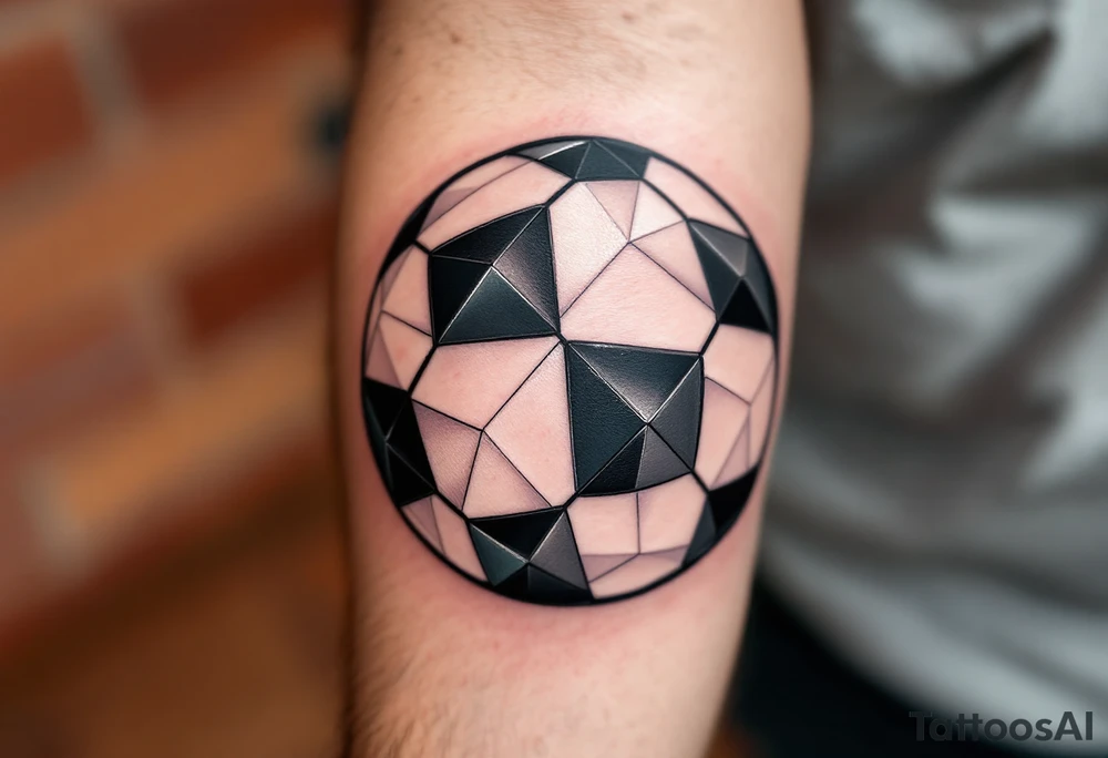 A geometric-style soccer ball made of interlocking black, gray, and metallic silver triangles. tattoo idea