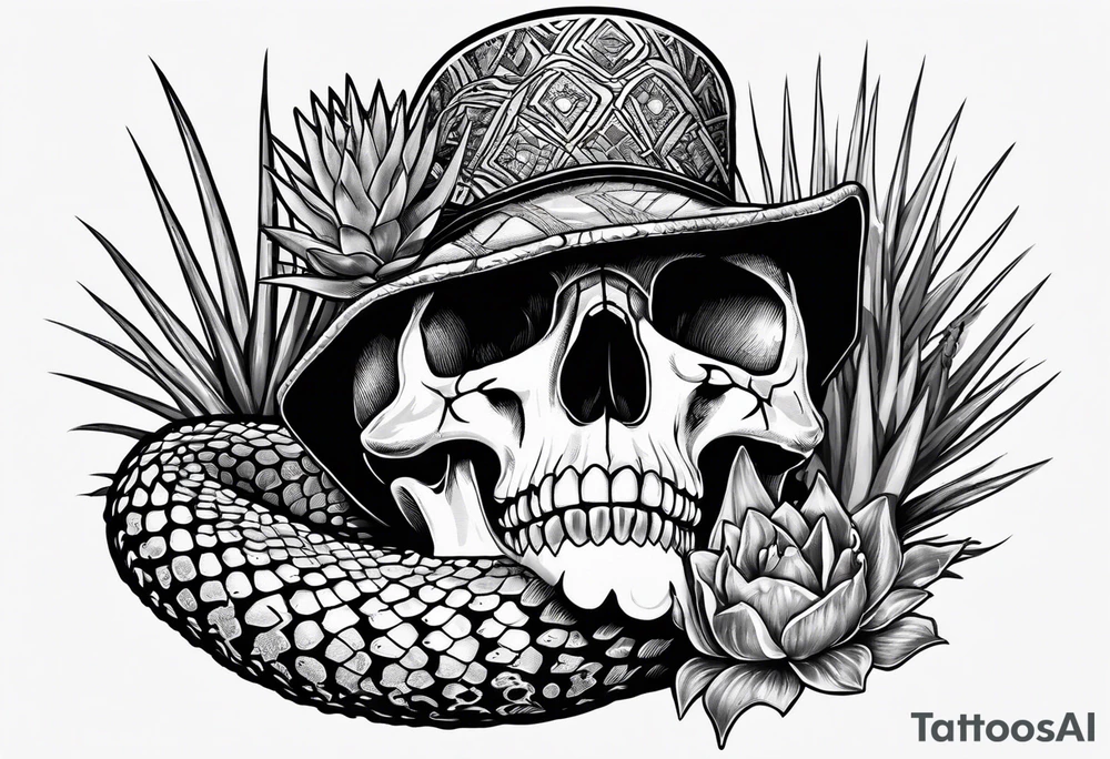 Western diamond back rattlesnake coming through a skull located in the desert with agave plants and scorpions tattoo idea