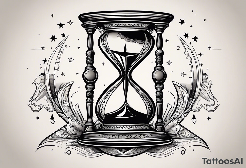 I want a tattoo-inspired design for a t-shirt that features a bold and detailed hourglass with a hand clock in the center, using Amazigh numerals for the clock numbers. The hourglass should have a strong, shaded look, with sharp lines resembling tattoo art. Planets and stars should orbit around the hourglass, giving it a cosmic and timeless feel. The design should be intricate, focusing on the flow of time and the universe, with the planets adding depth and movement. The overall aesthetic should be bold and detailed, in a blackwork tattoo style, without any flowers."black and whit design tattoo idea