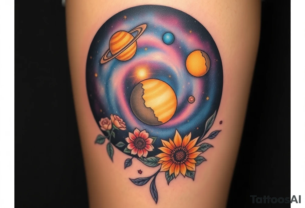 Milky way galaxy with planets with zodiac symbols and protection runes caught in it with tigerlillies roses and sunflowers tattoo idea