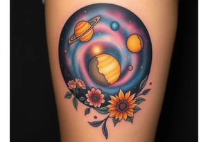 Milky way galaxy with planets with zodiac symbols and protection runes caught in it with tigerlillies roses and sunflowers tattoo idea