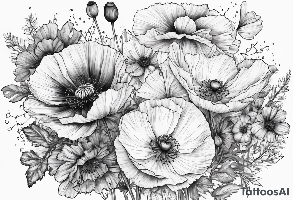 Poppies and cosmos bouquet tattoo idea