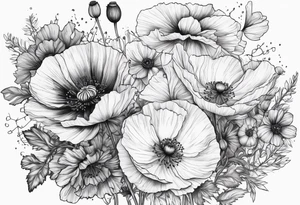 Poppies and cosmos bouquet tattoo idea