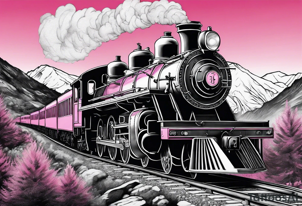 Mountain steam train with pink background tattoo idea