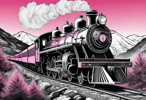 Mountain steam train with pink background tattoo idea