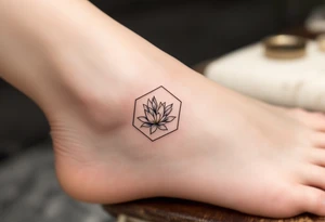 Faint Hexagon with Leo, larkspur and water lilies in the center tattoo idea