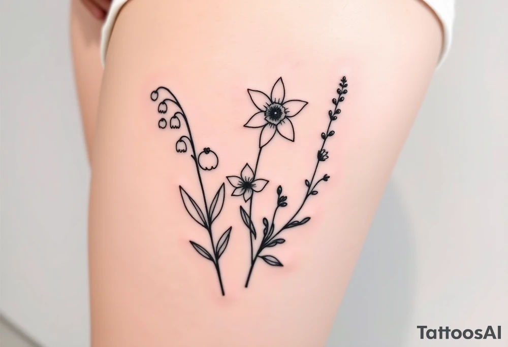 Simple small design in black bunch of flowers individual stems 1 lily of the valley 1 daffodil 1 December holly bush 1 larkspur tattoo idea