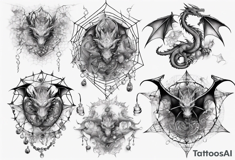 Dragon in a spiral spiderweb with jewels and shattered chalices tattoo idea