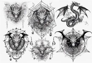 Dragon in a spiral spiderweb with jewels and shattered chalices tattoo idea