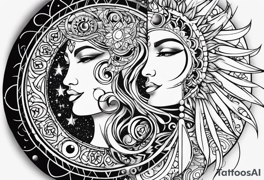 Full sleeve tattoo with large outlines that has the sun and moon intertwined with the 7 chakra symbols that perfectly embodies the divine feminine tattoo idea