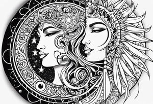 Full sleeve tattoo with large outlines that has the sun and moon intertwined with the 7 chakra symbols that perfectly embodies the divine feminine tattoo idea