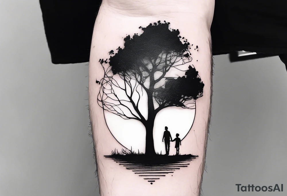 A tree, underneath the tree place a man and a boy holding hands walking into distance, place on forearm tattoo idea
