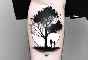 A tree, underneath the tree place a man and a boy holding hands walking into distance, place on forearm tattoo idea