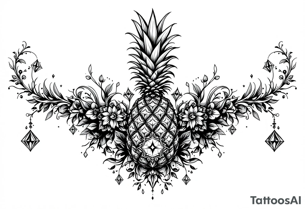 Design around a vagina and anus area using a pineapple with diamonds and magestic, crown, vagina, anus, pubic tattoo idea