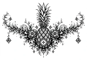 Design around a vagina and anus area using a  pineapple with diamonds  and magestic, crown, vagina, anus, pubic tattoo idea
