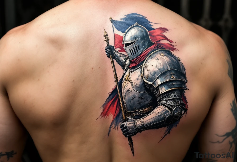 A knight in medieval armor holding a Czech flag (blue, white, red), inspired by Hussite warriors, with battle-worn silver and red tones. tattoo idea