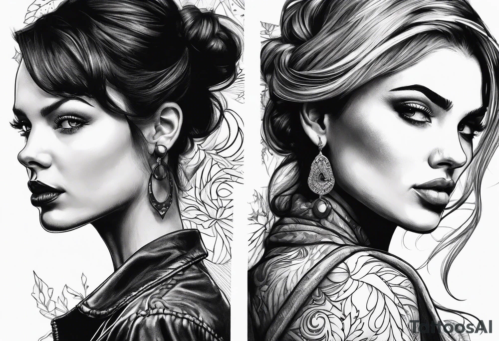 nice woman vs bad woman faces looking into each others eyes tattoo idea