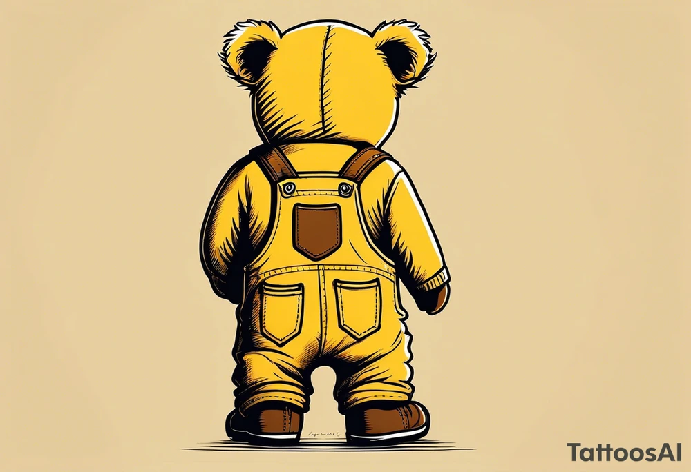 image of the back of a light brown teddy bear standing in yellow overalls, striped tank top and wearing boots and holding the hand of a little girl tattoo idea