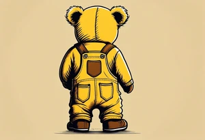 image of the back of a light brown teddy bear standing in yellow overalls, striped tank top and wearing boots and holding the hand of a little girl tattoo idea