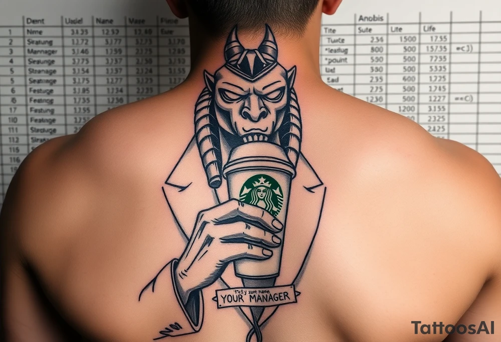 "Anubis in a wrinkled suit, holding a burnt-out Starbucks cup instead of ankh.  
Background: Excel sheet with formulas like *=SUM(LIFE)*.  
Collar tag: *'Hello, my name is: YOUR MANAGER'*.  

Style: Gritty ink sketch. Black/red. Ribs." tattoo idea