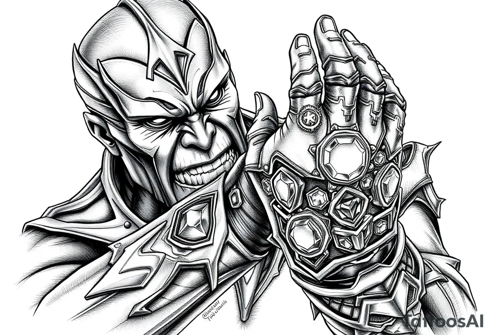 thanos with infinity gaulet filled with infinity stones fighting avengers tattoo idea