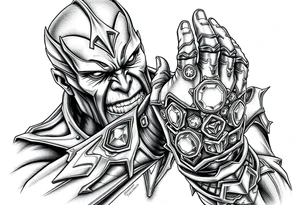 thanos with infinity gaulet filled with infinity stones fighting avengers tattoo idea