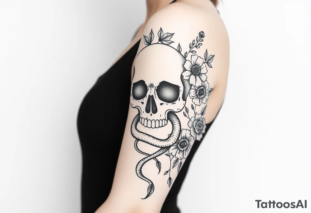 A half sleeve with Gothic pretty skull with heart shaped eyes surrounded by wildflowers and roses and a snake slithering through tattoo idea