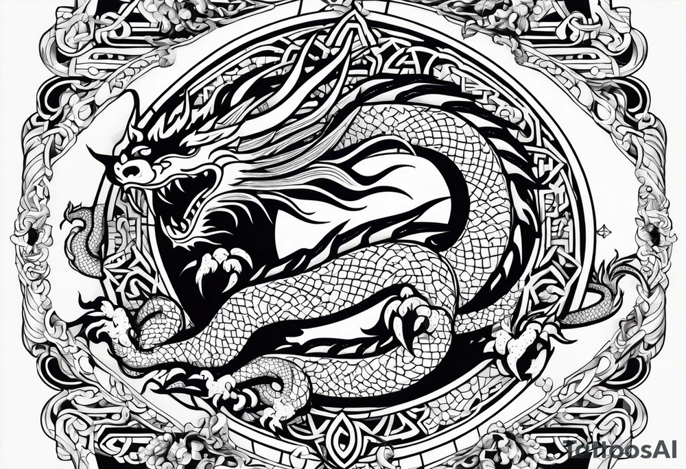 Boussole avec toute les directions avec dragon asiatique avec leur perle tattoo idea