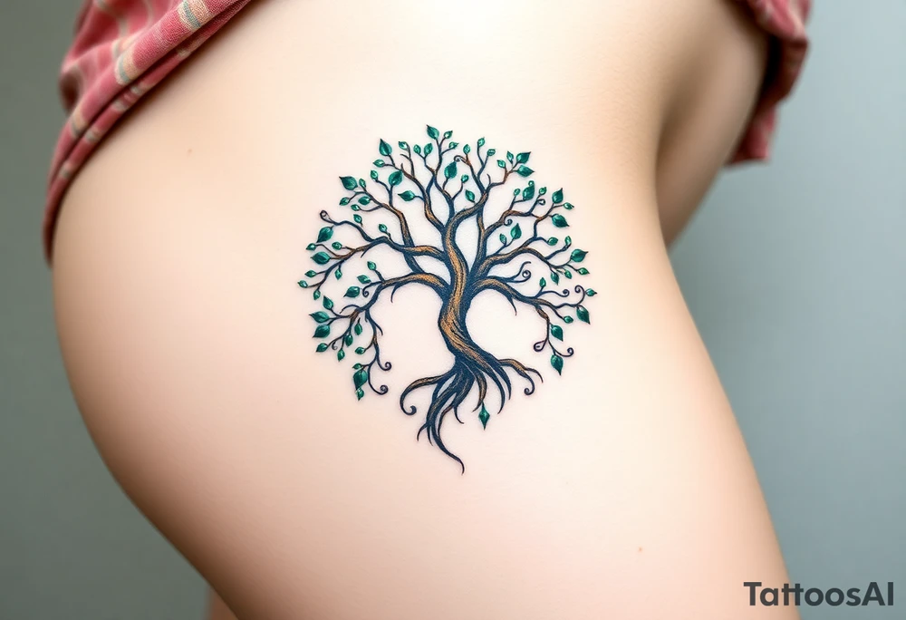 A circular family tree with interconnected branches, forming an infinite loop in deep emerald green and gold tones tattoo idea