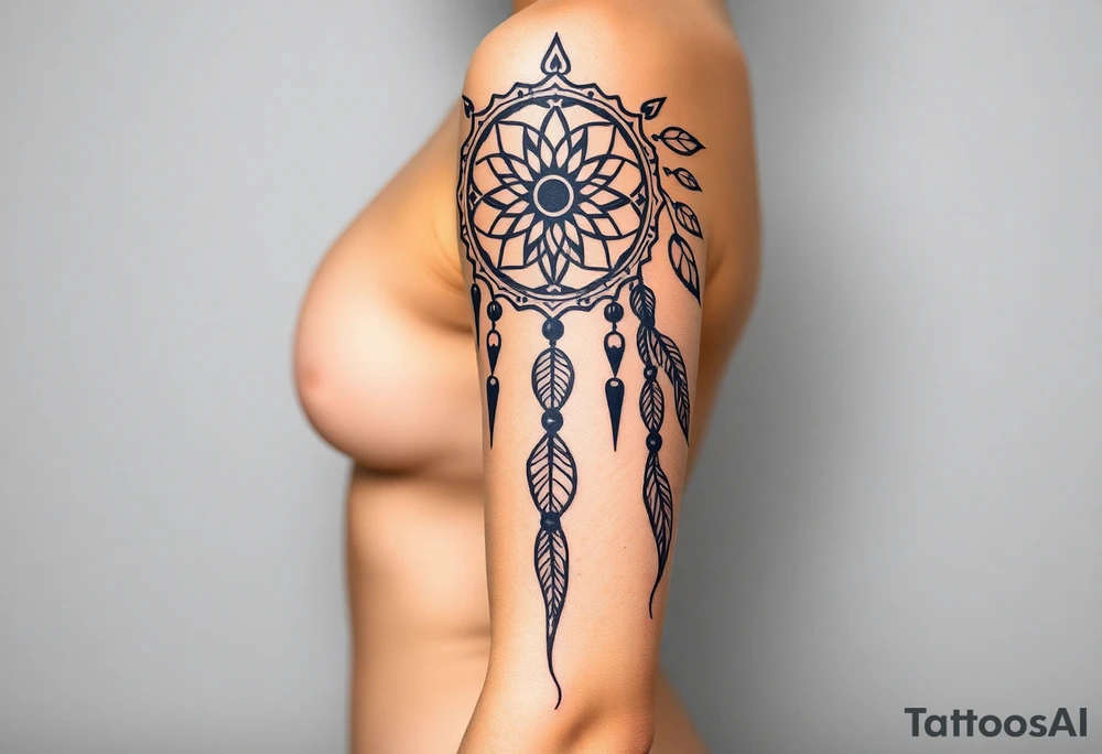 native dreamcatcher with flowing feathers and sacred beads tattoo idea